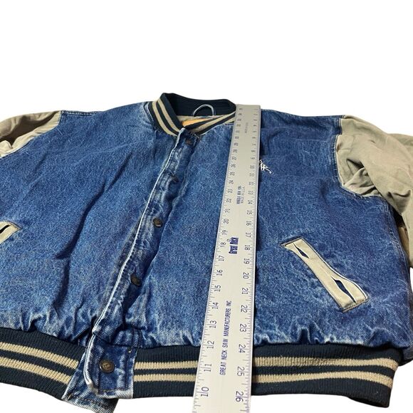 No Fear Varsity Jacket Mens L Denim Blue Beige Sleeve 90s Y2K Streetwear Retro - Picture 4 of 13